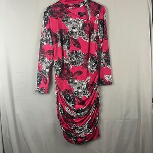 Eloquii Midi Dress Women's 14 Pink Floral Ruched Asymmetrical Neck Wedding Guest